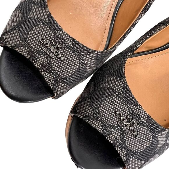 Coach Ferry Wedge Jacquard Monogram Black/Smoke/Black Cork Shoes - Picture 3 of 16